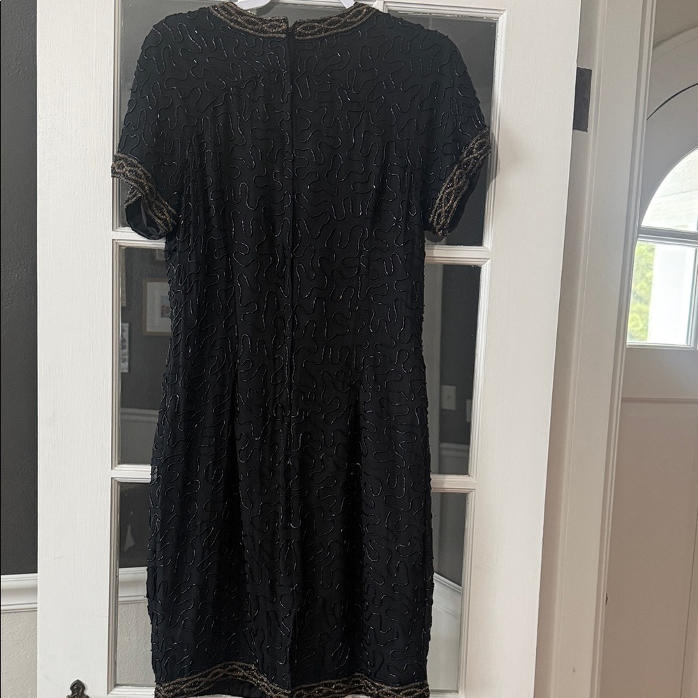 Vintage hand beaded Black Short-Sleeve swing Dress - Picture 6 of 12